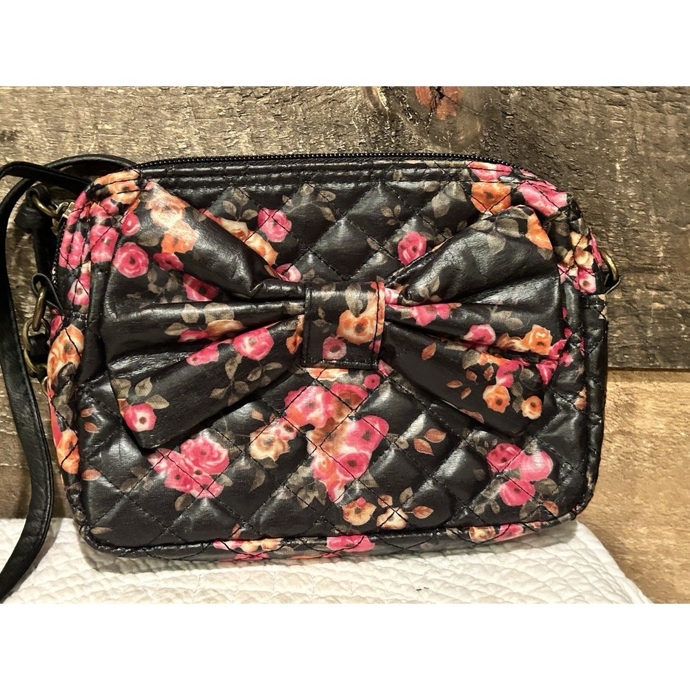 Candie's Women Black Crossbody Bag Small Floral Bow EUC